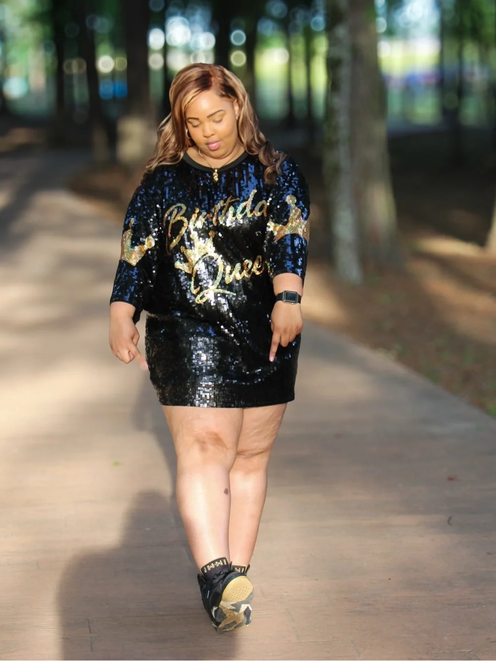 Fashion Nova Black Sequin 'Birthday Queen' Tunic with Gold Lettering
